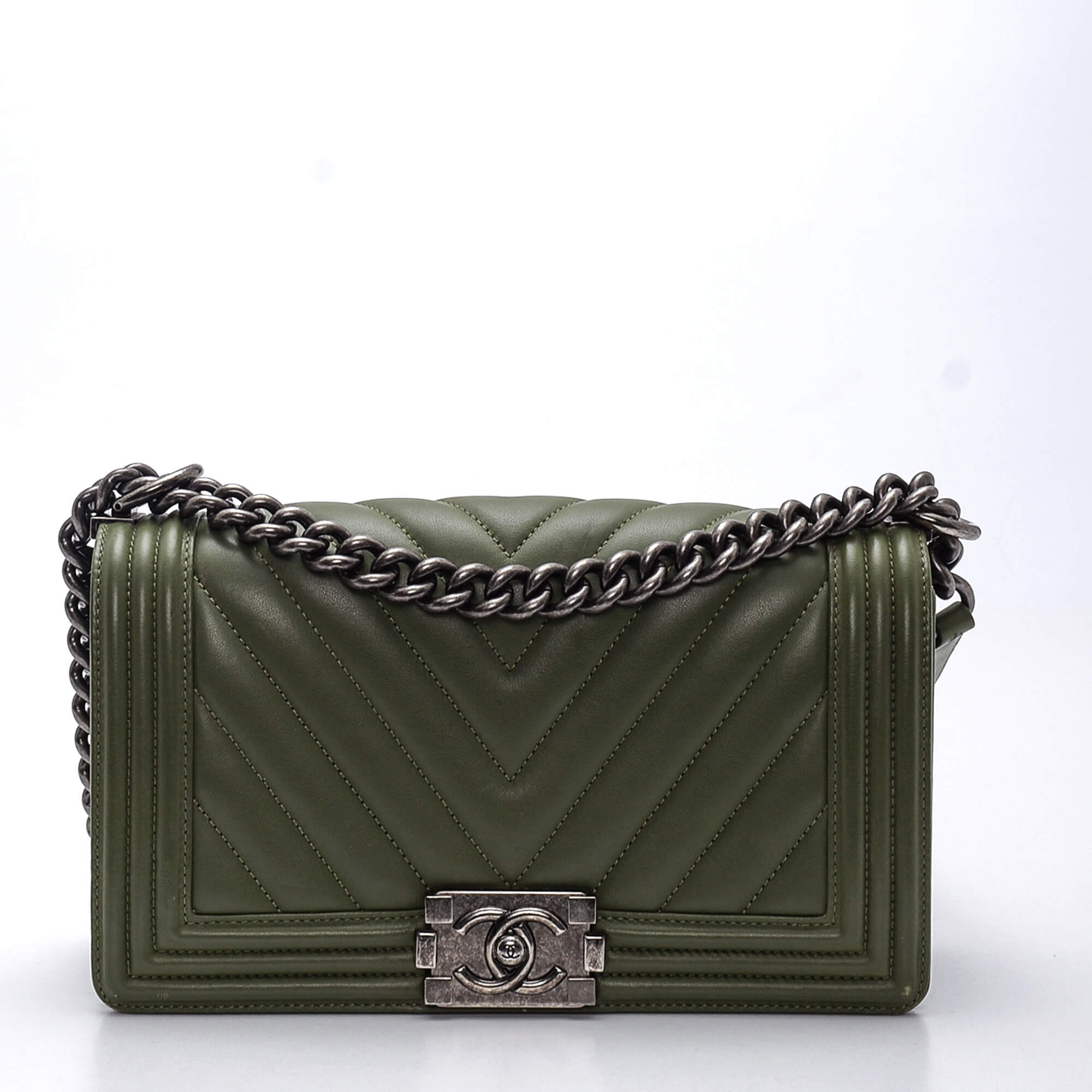 Chanel - Khaki Chevron Lambskin Leather Medium Boy Bag 